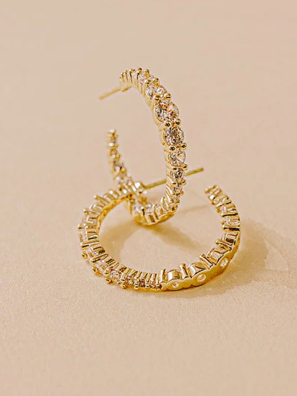 Gold Graduated Diamondette Hoop Earrings 1” - Picture 3 of 15